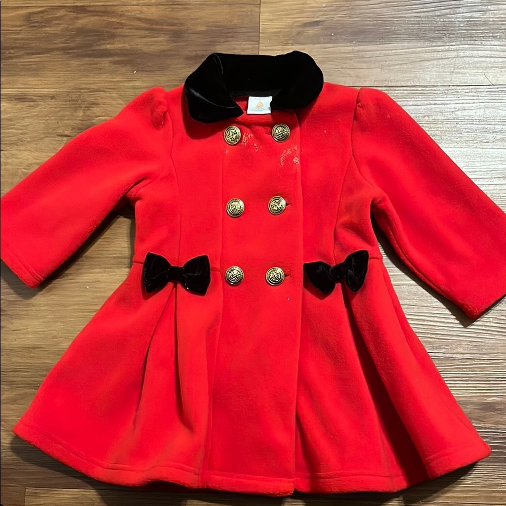 Vintage Red Double-Breasted Coat with Black Velvet Accents